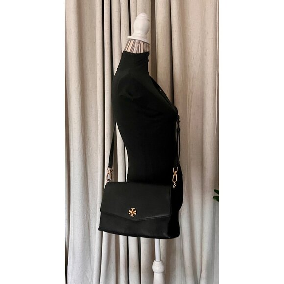 Tory Burch Black Leather and Suede Kira Handbag With Gold Logo Accents & Adjusta - Picture 12 of 13